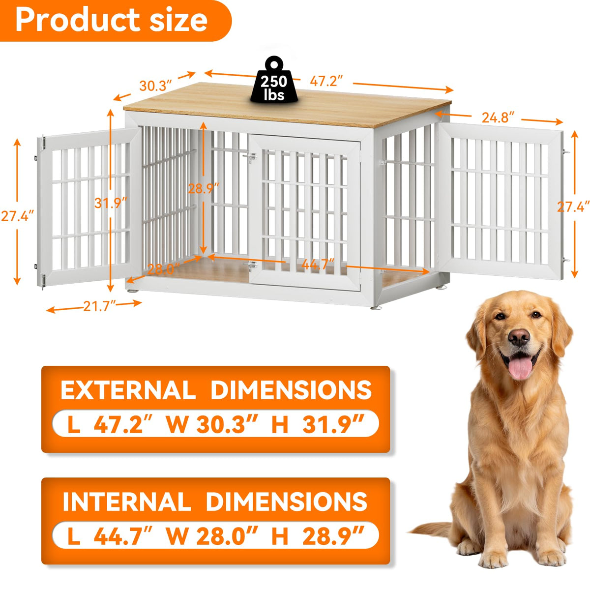 48" XXL White Wooden Dog Crate Furniture E8949
