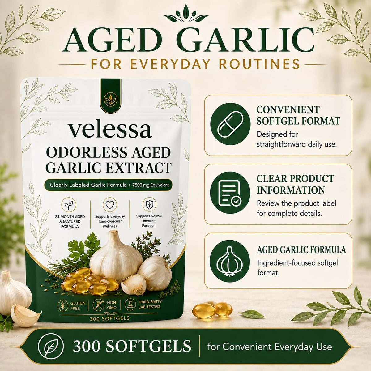 Odorless Aged Garlic Extract 300 Softgels X768