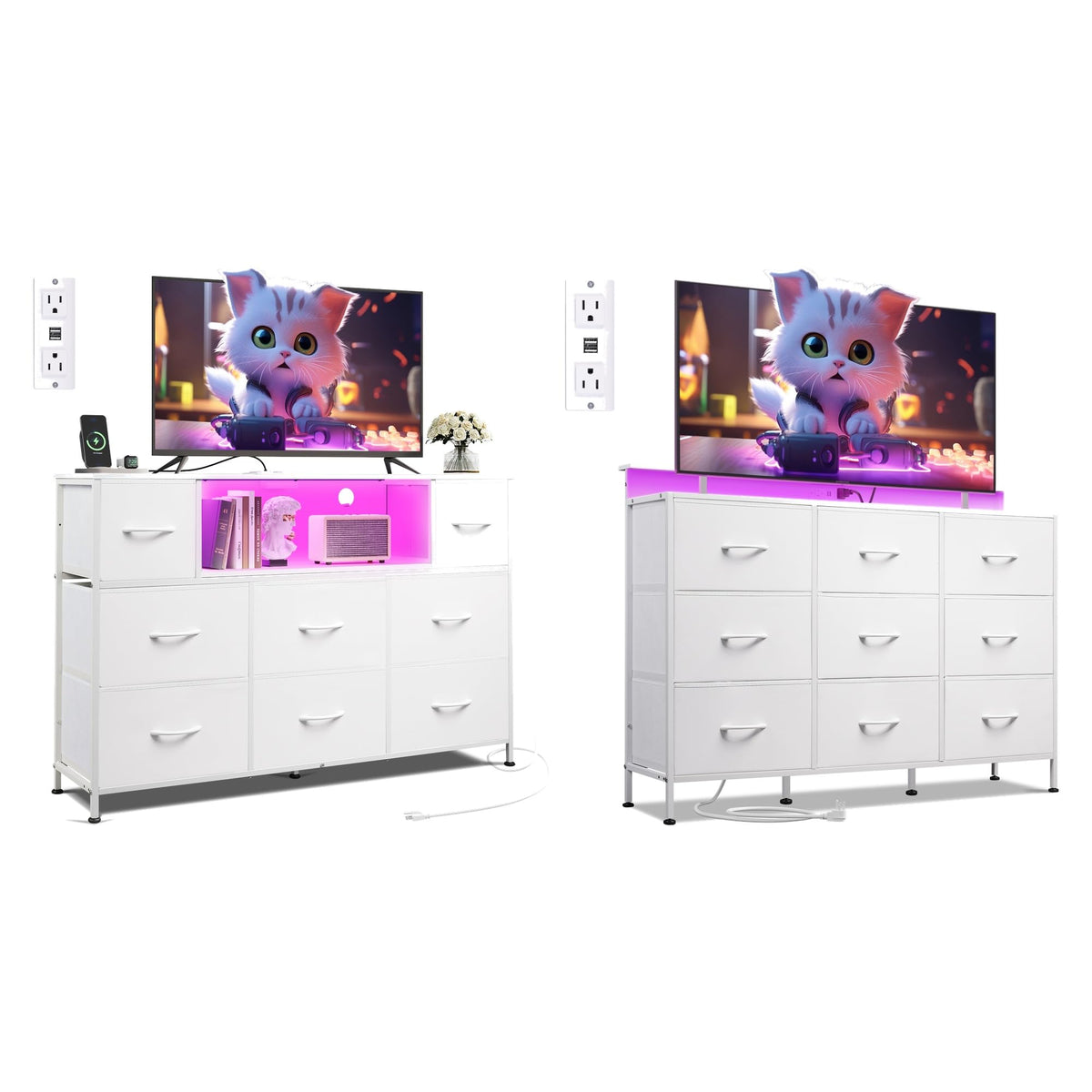 White 2-Piece TV Stand Dresser with 8+9 Fabric Drawers Z7866