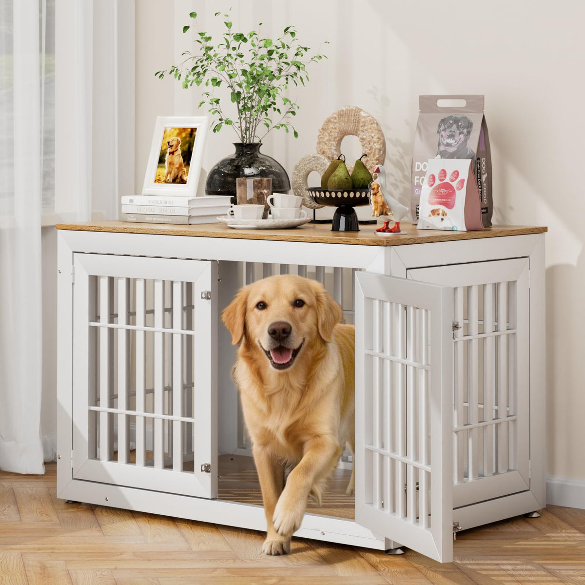 48" XXL White Wooden Dog Crate Furniture E8949