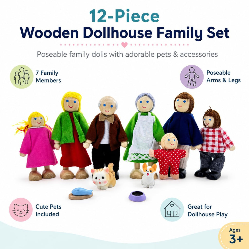 12 Pieces Wooden Dollhouse Family Set with Dog Cat Figures Y878