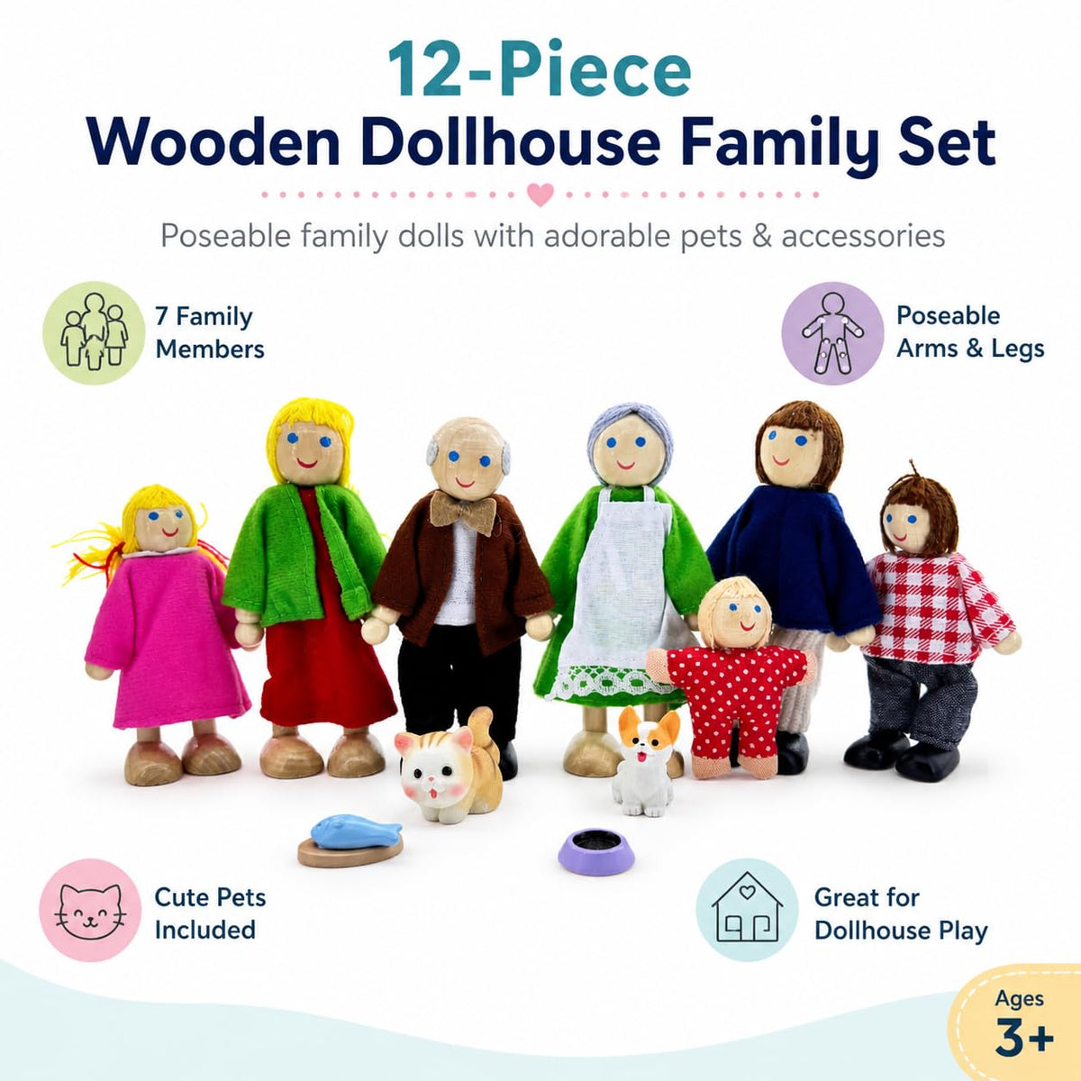 12 Pieces Wooden Dollhouse Family Set with Dog Cat Figures Y878