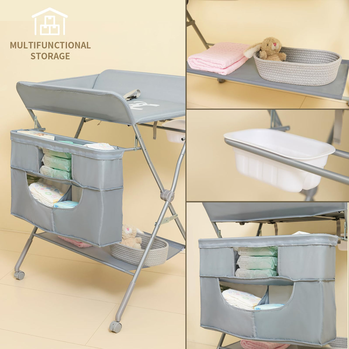 Foldable Baby Changing Table with Wheels Q841675