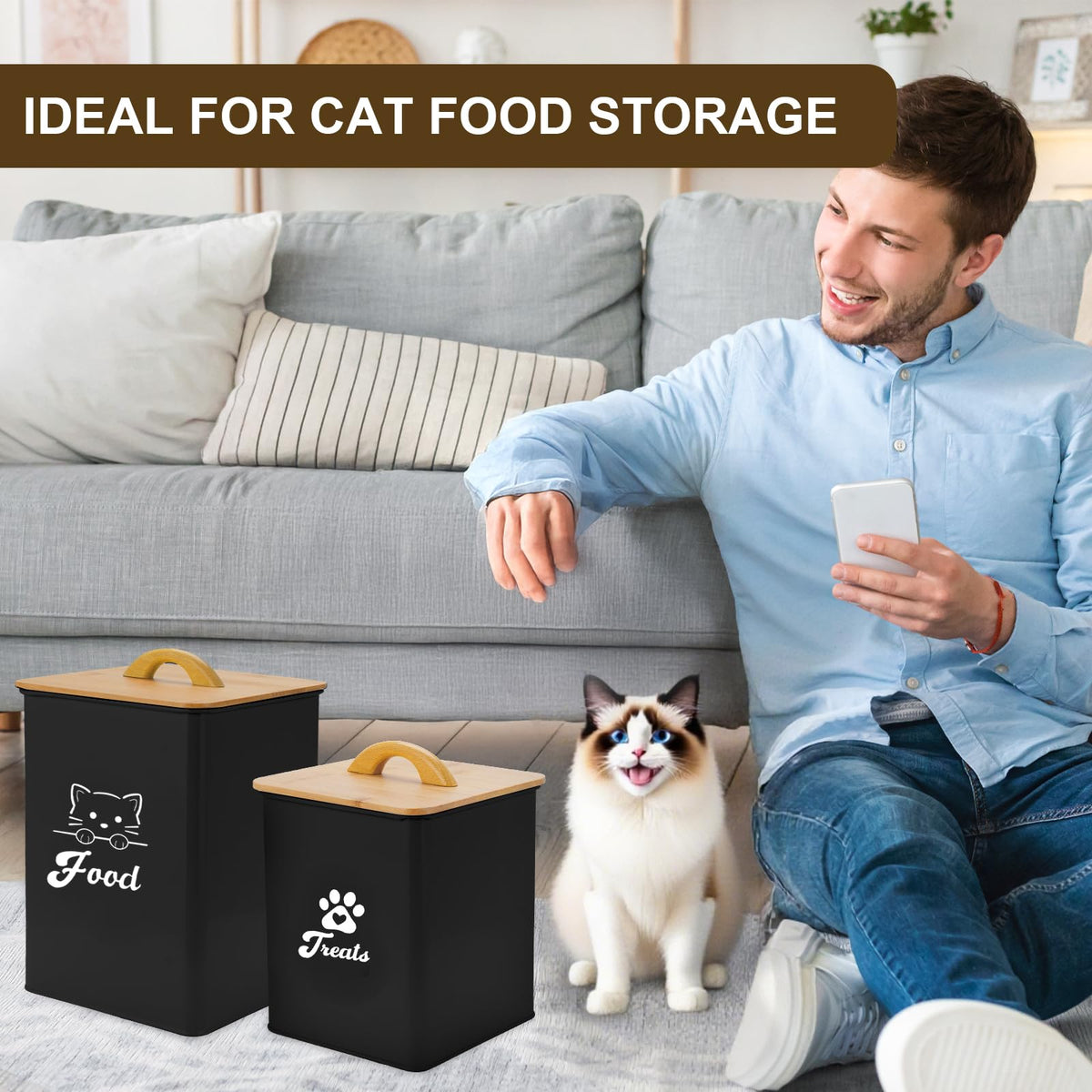 Black Airtight Cat Food Storage Container with Scoop T766330