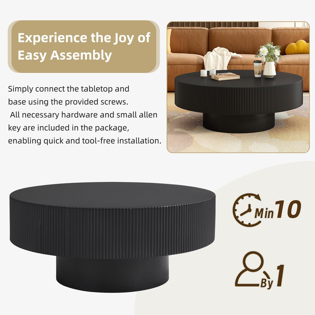 Round Coffee Table, 31.5" Fluted Pedestal Wood Table, Black E978