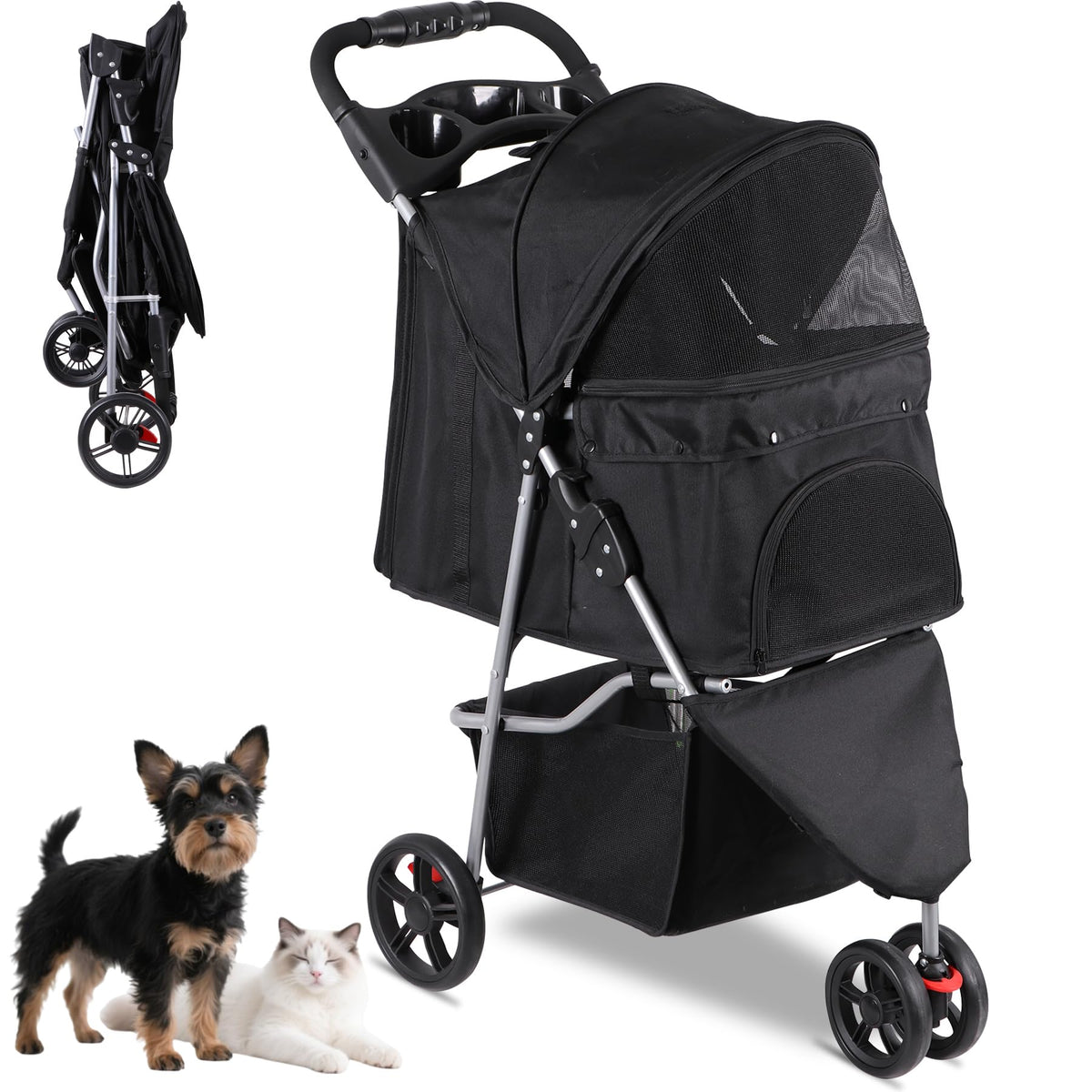 Foldable Pet Stroller with Weather Cover, Storage Basket and Cup Holder X31654