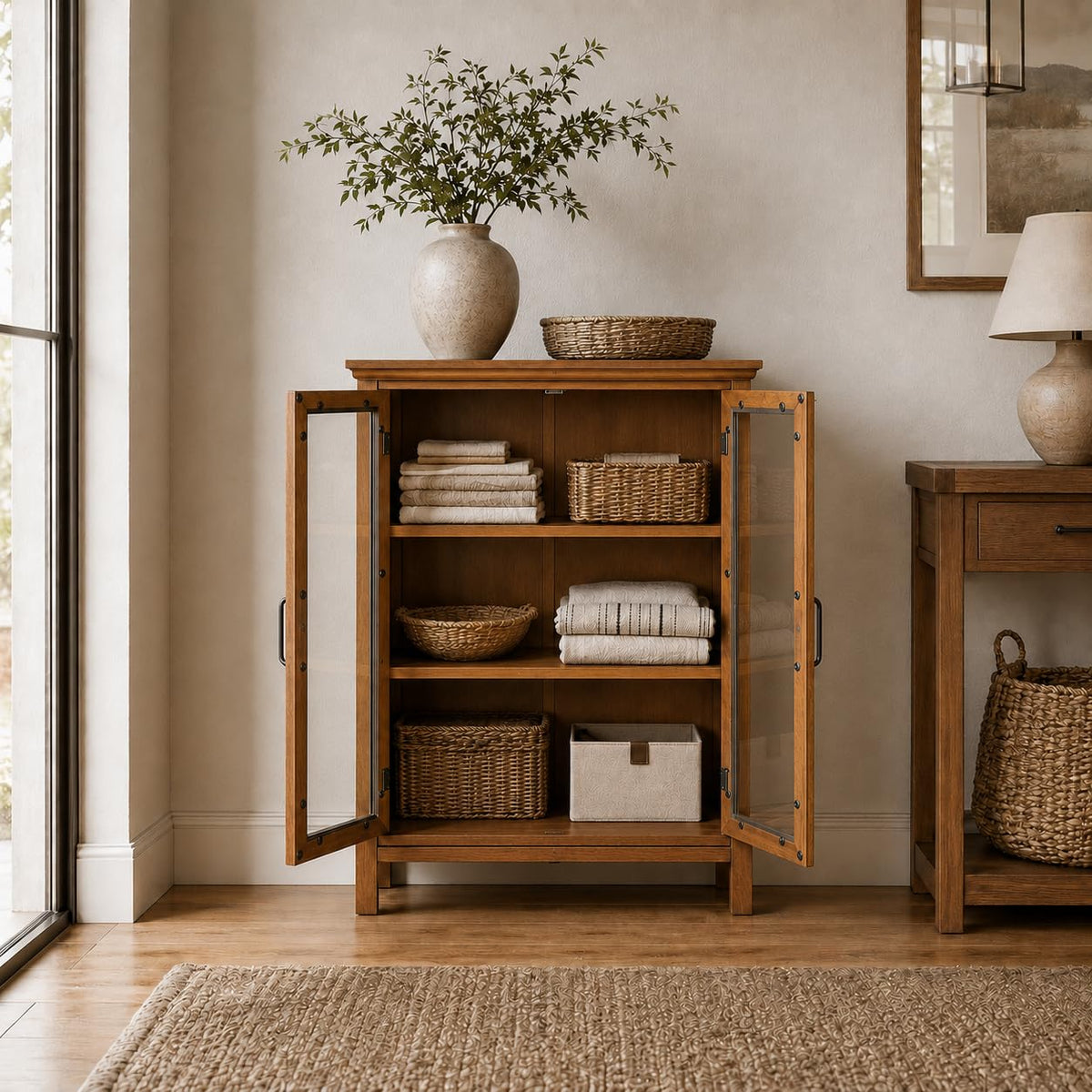 Wooden Freestanding Floor Cabinet with 2 Adjustable Shelves and 2 Glass Paneled Doors W257