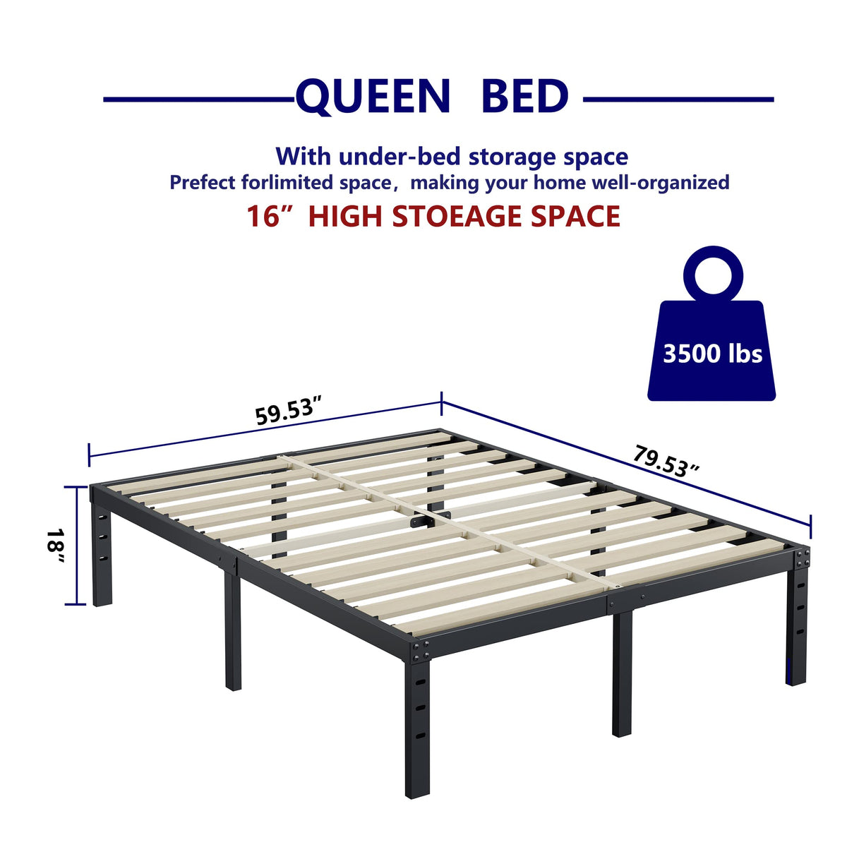 Queen Size 18 Inches Tall Metal Platform Bed Frame K379