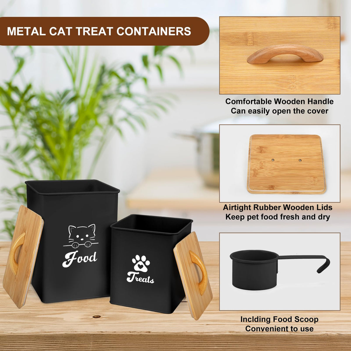 Black Airtight Cat Food Storage Container with Scoop T766330
