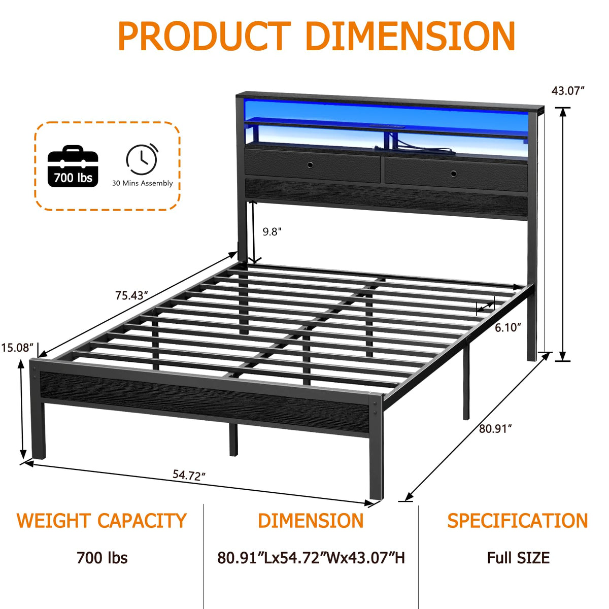 Full Size Bed Frame with Headboard & 2 Fabric Drawers C75231