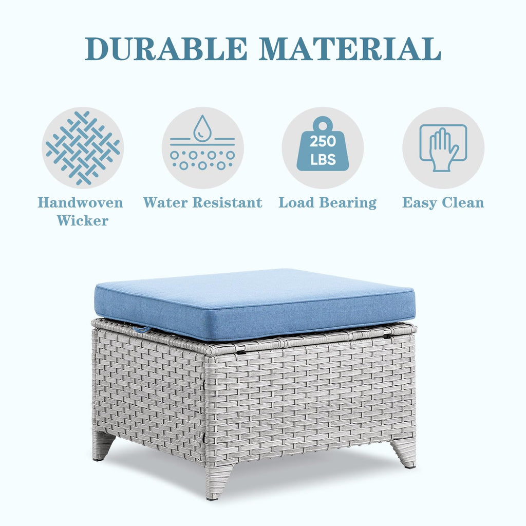 Wicker Outdoor Ottomans Set of 2 Handwoven Rattan Footstools with Removable Cushions J861073