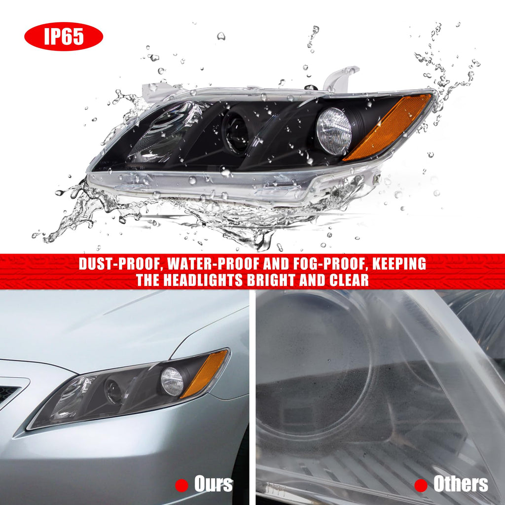 Compatible with 2007-2009 Toyota Camry Headlights Assembly Black Housing Amber Reflectors Left and Right Pairs D932
