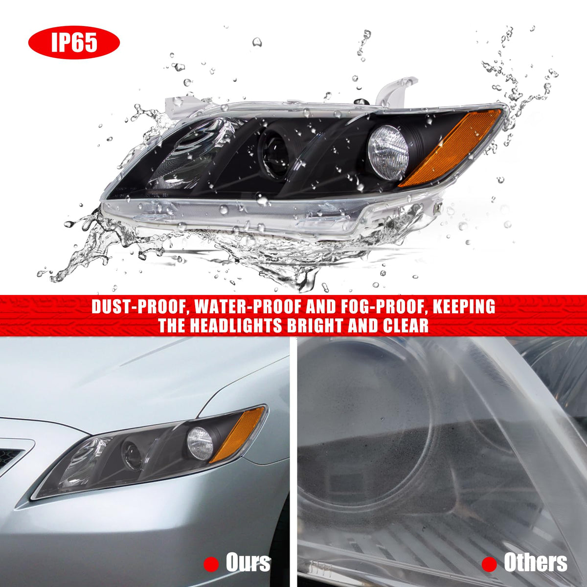 Compatible with 2007-2009 Toyota Camry Headlights Assembly Black Housing Amber Reflectors Left and Right Pairs D932