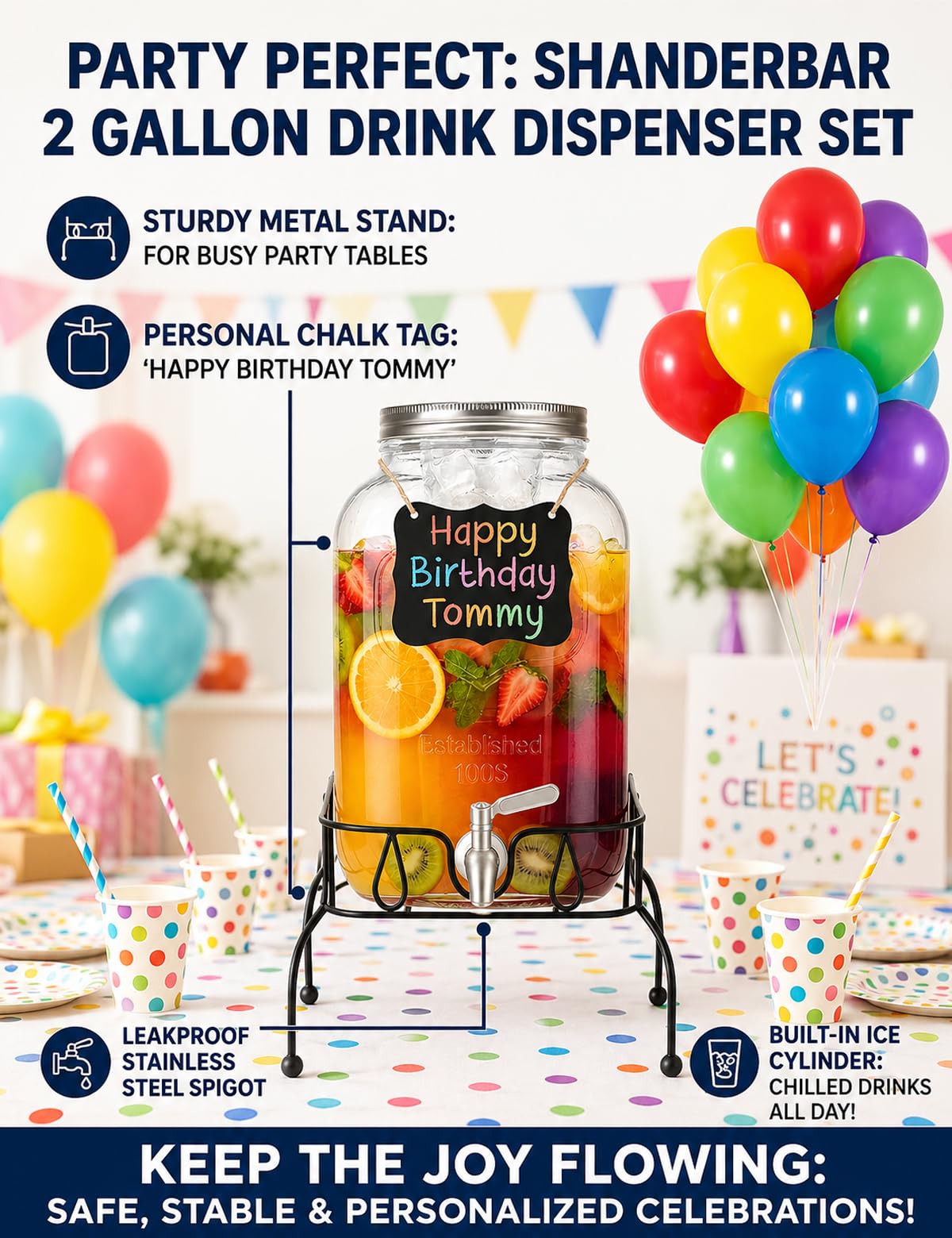 2 Gallon Glass Drink Dispenser with Stand and Lid Q1082