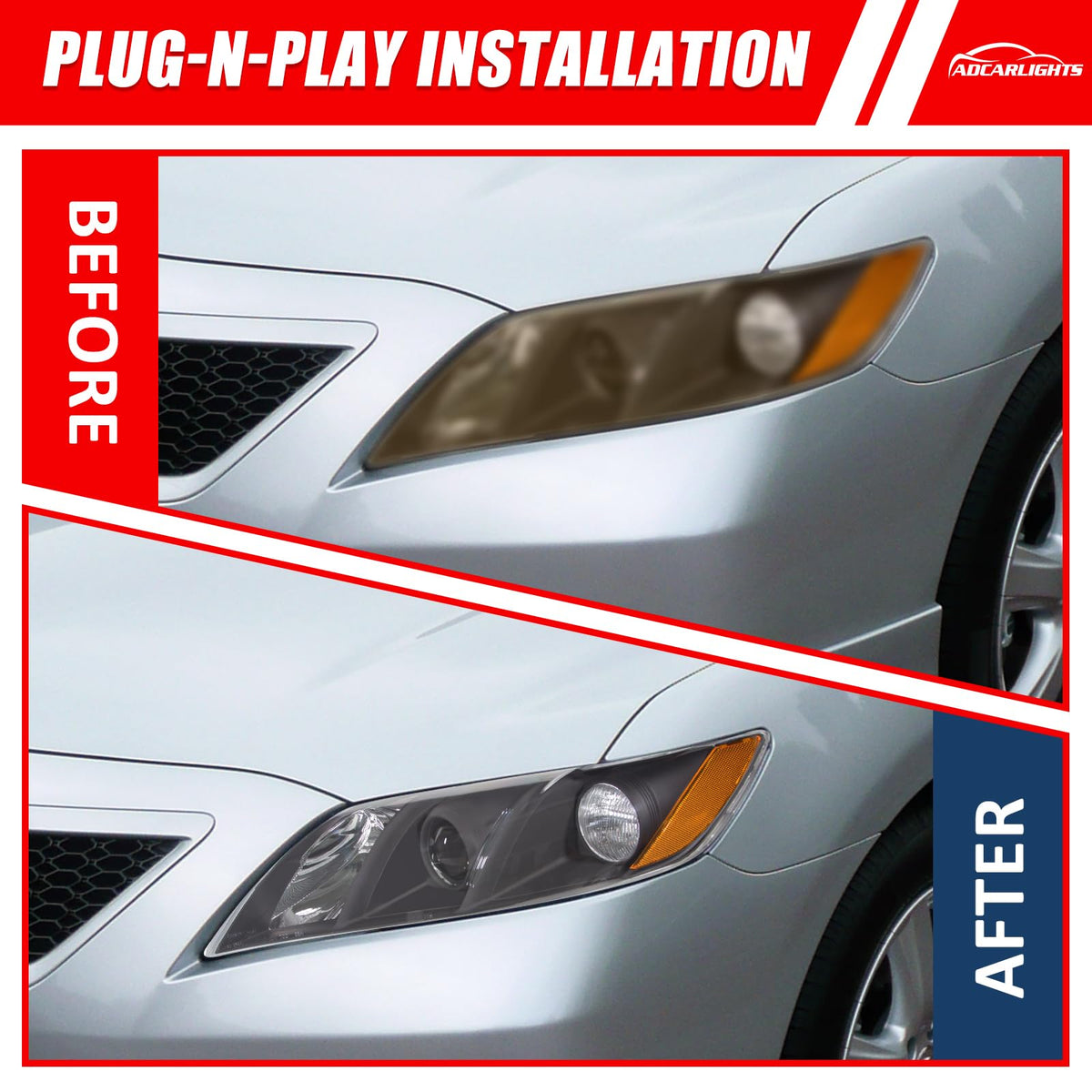 Compatible with 2007-2009 Toyota Camry Headlights Assembly Black Housing Amber Reflectors Left and Right Pairs D932