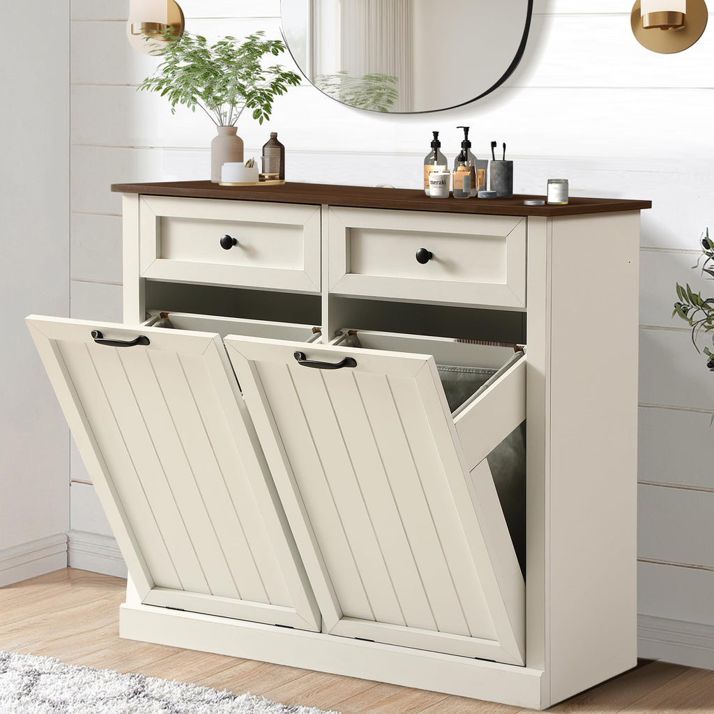 White 22 Gallon Laundry Hamper Cabinet with 2 Drawers Y6684
