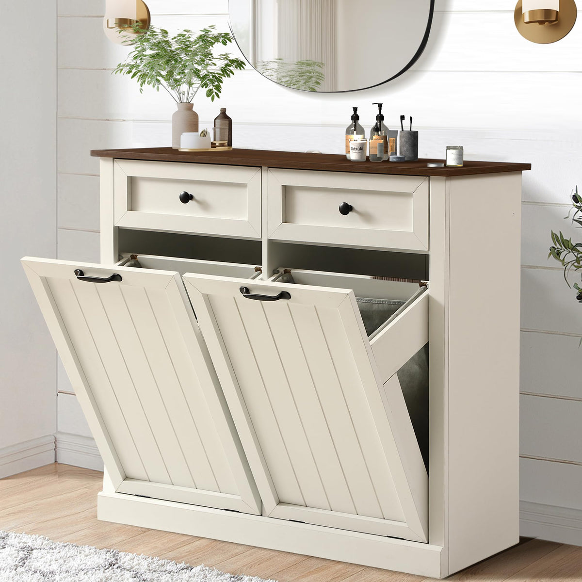 White 22 Gallon Laundry Hamper Cabinet with 2 Drawers Y6684