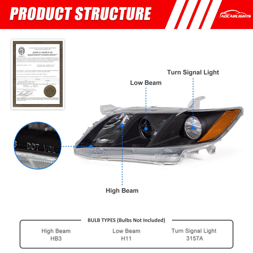 Compatible with 2007-2009 Toyota Camry Headlights Assembly Black Housing Amber Reflectors Left and Right Pairs D932