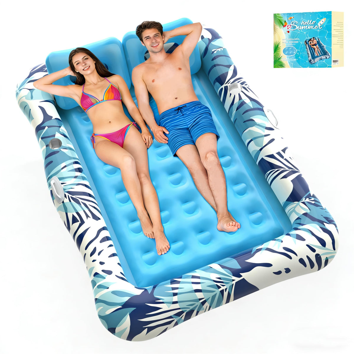 75"x64" XXL Inflatable Tanning Pool Lounger Float with Pillow Blue I847