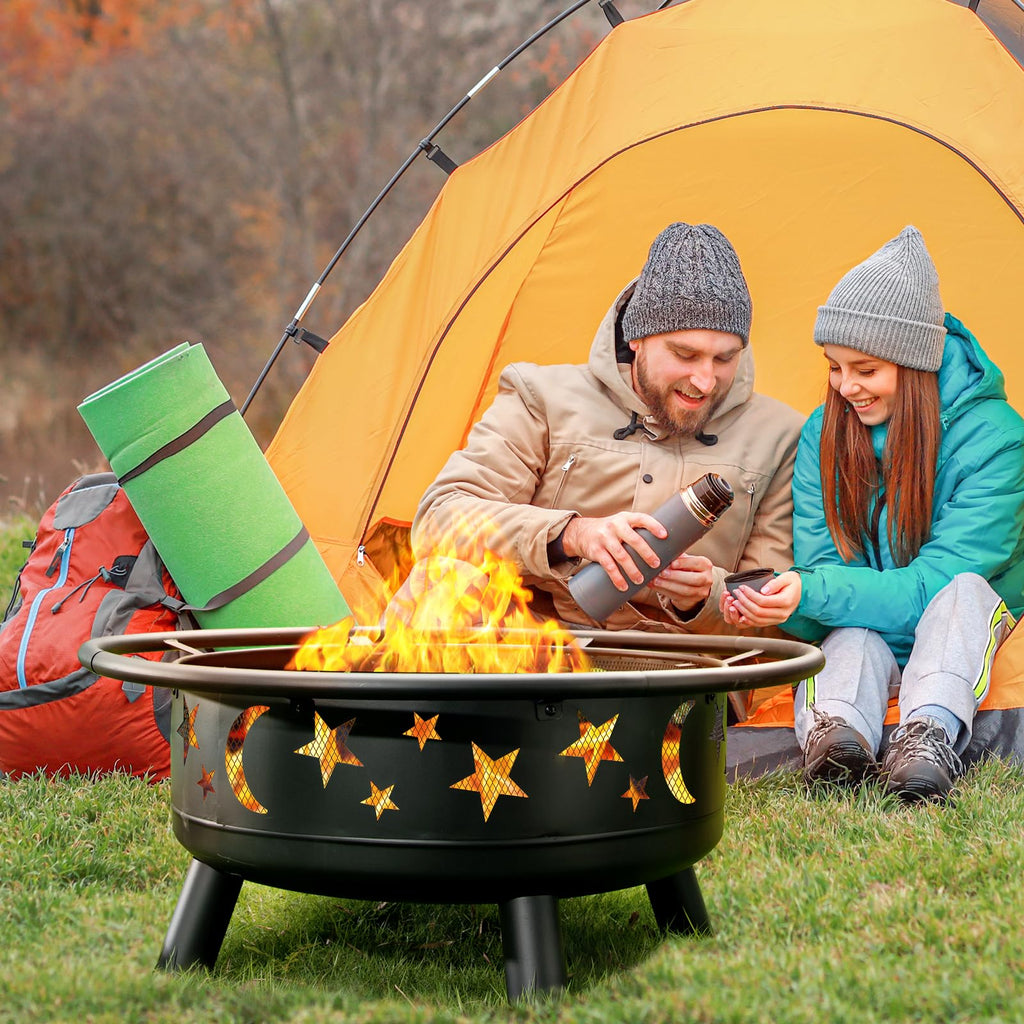 32 Inch Round Metal Wood Burning Fire Pit with Mesh Cover M81488