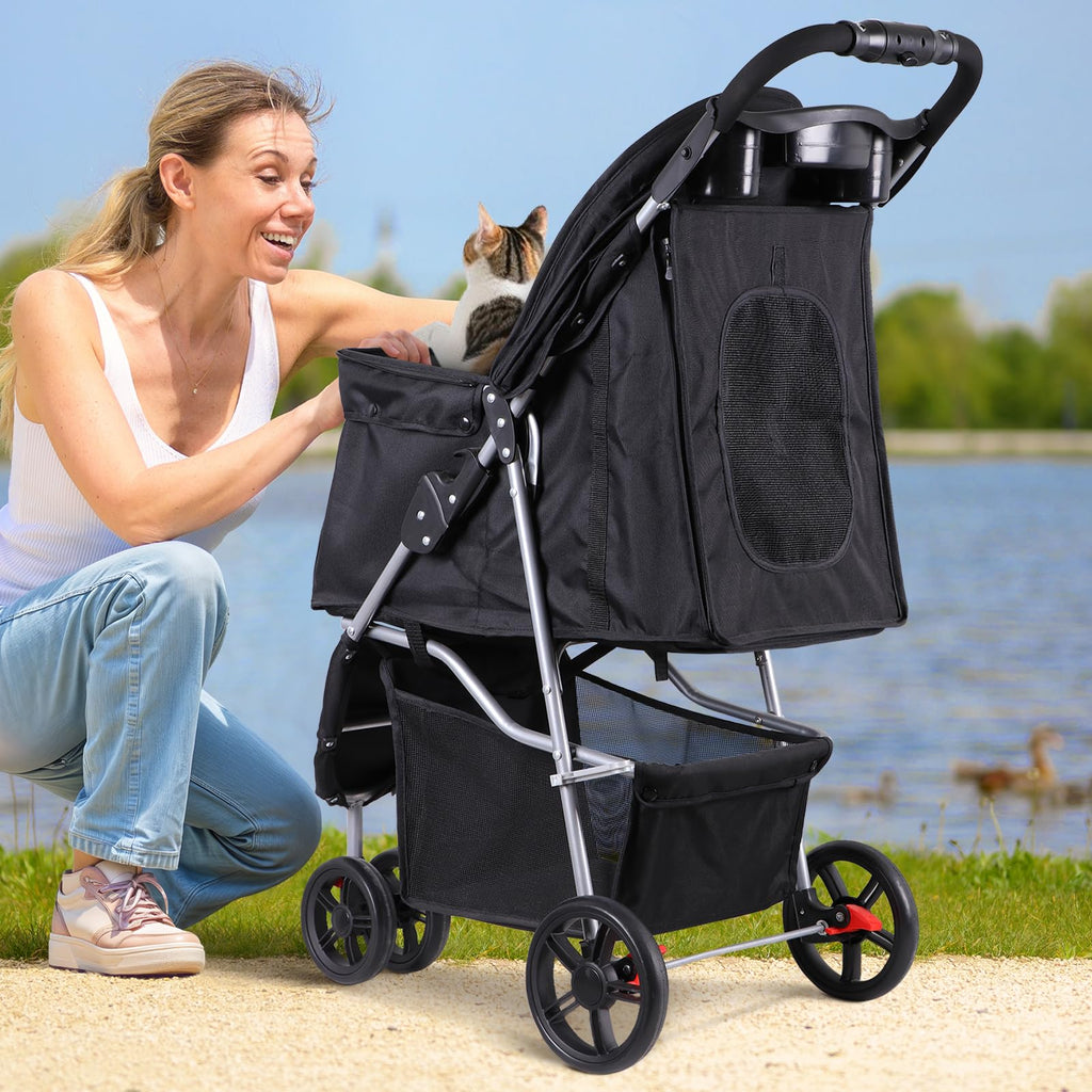 Foldable Pet Stroller with Weather Cover, Storage Basket and Cup Holder X31654