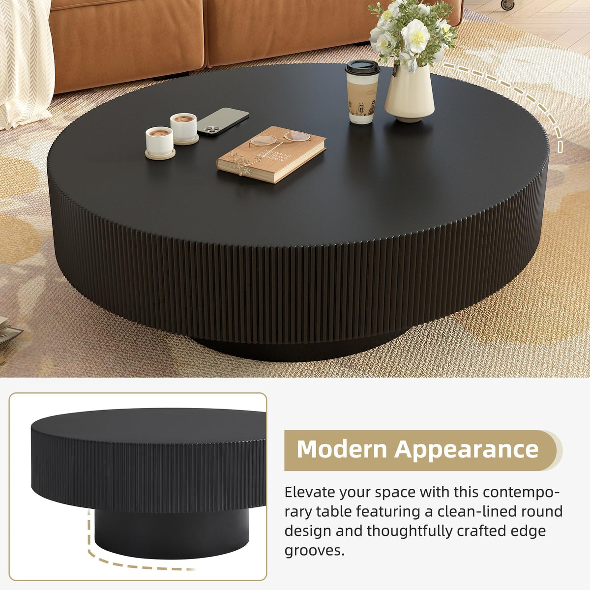 Round Coffee Table, 31.5" Fluted Pedestal Wood Table, Black E978