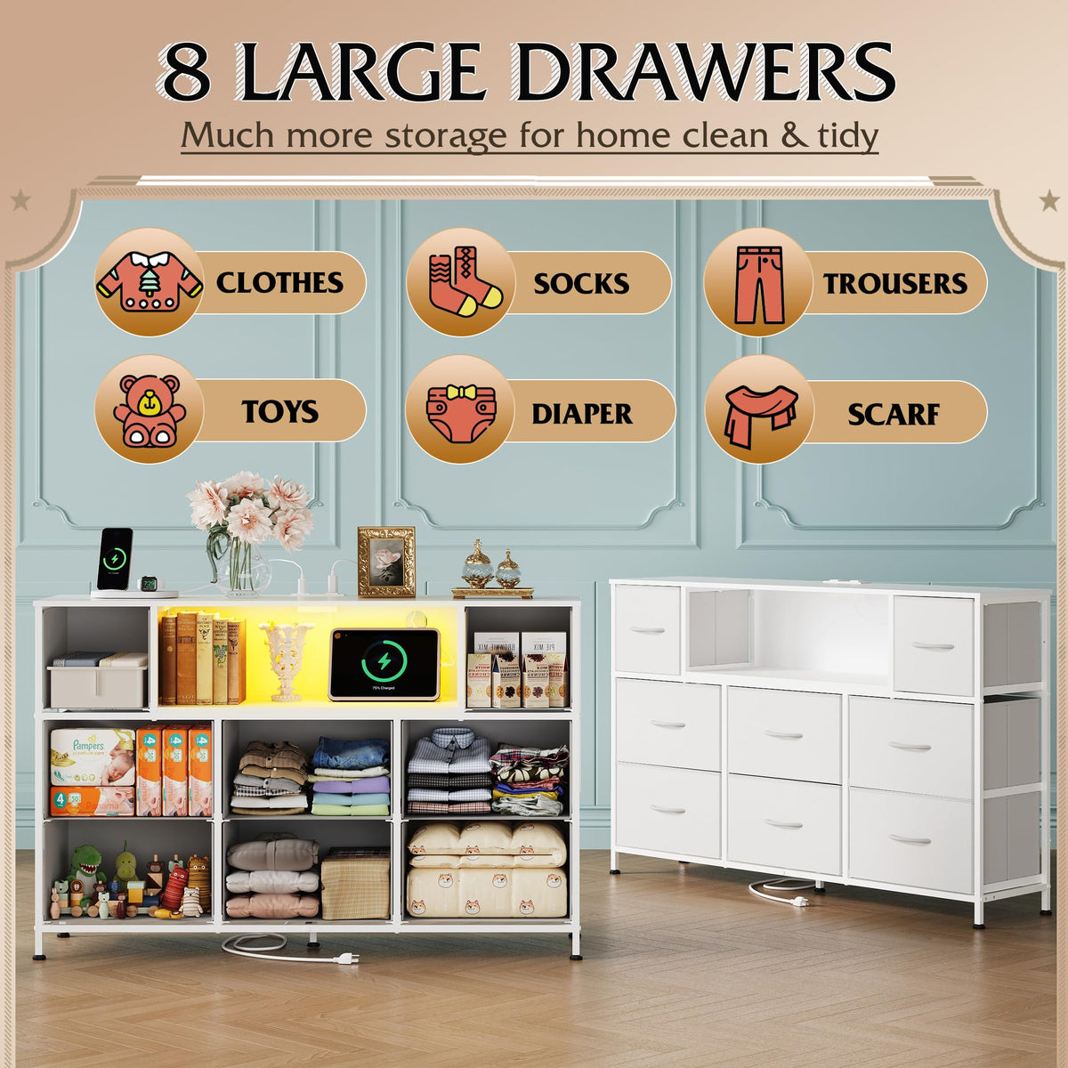 White 2-Piece TV Stand Dresser with 8+9 Fabric Drawers Z7866