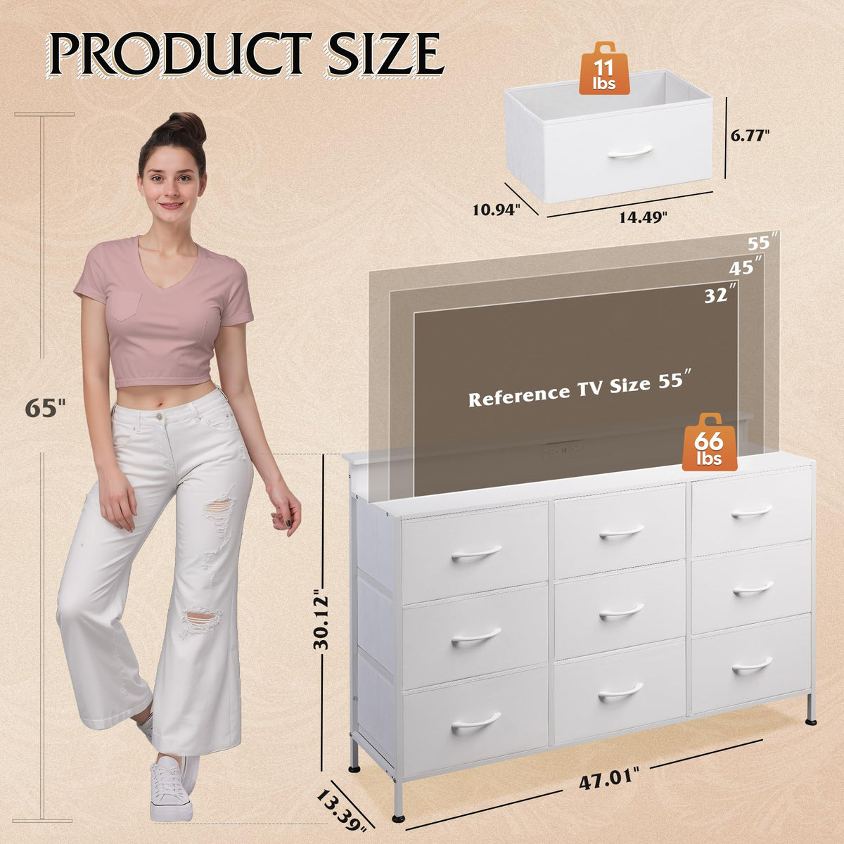 White 2-Piece TV Stand Dresser with 8+9 Fabric Drawers Z7866