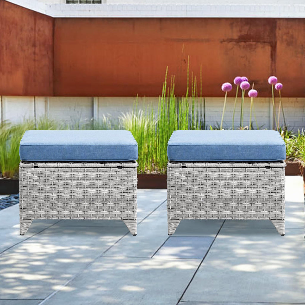 Wicker Outdoor Ottomans Set of 2 Handwoven Rattan Footstools with Removable Cushions J861073
