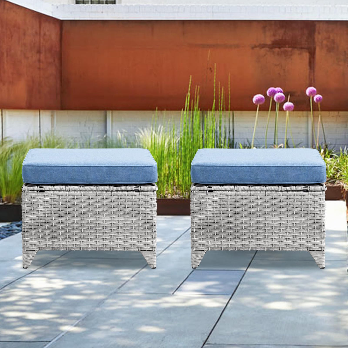 Wicker Outdoor Ottomans Set of 2 Handwoven Rattan Footstools with Removable Cushions J861073