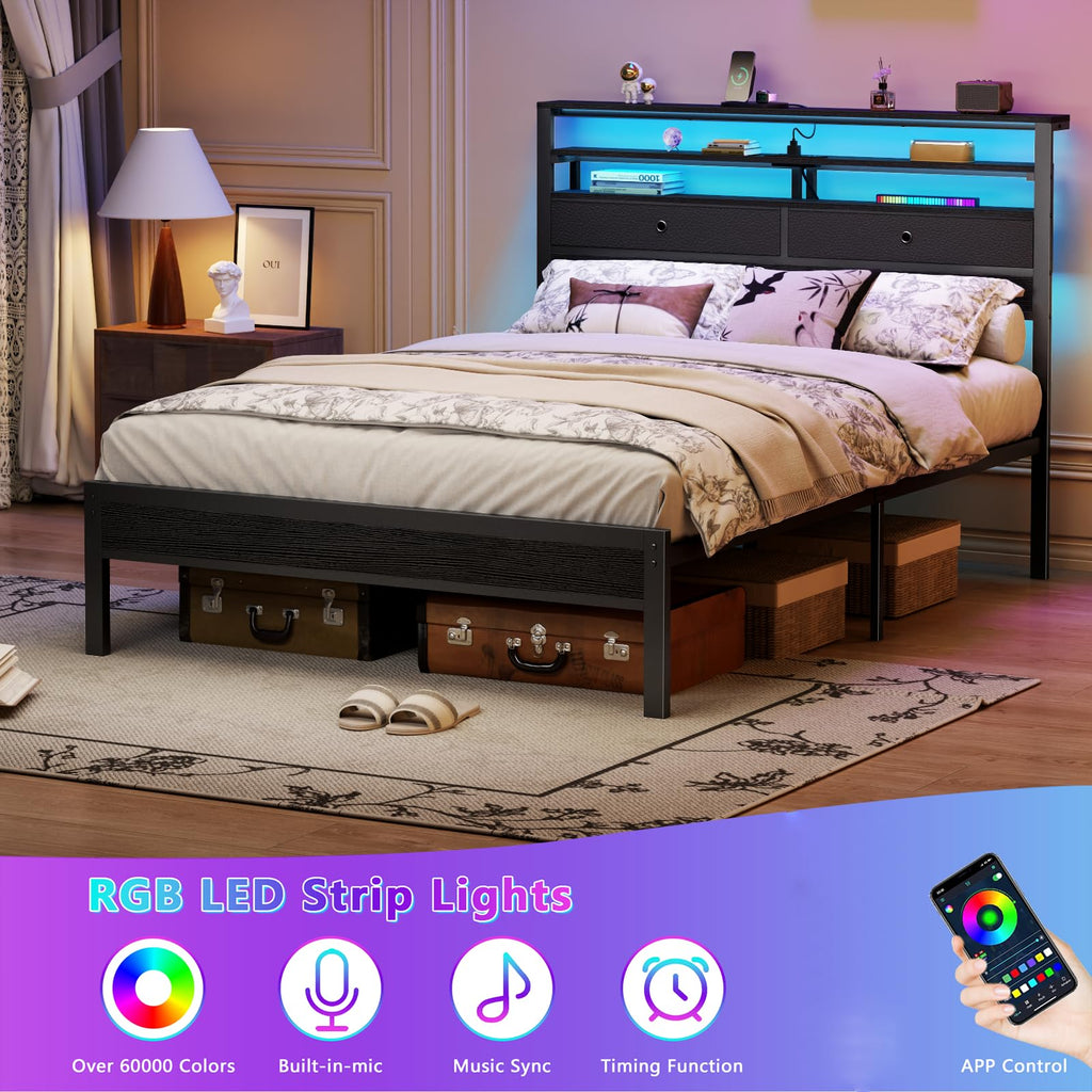 Full Size Bed Frame with Headboard & 2 Fabric Drawers C75231