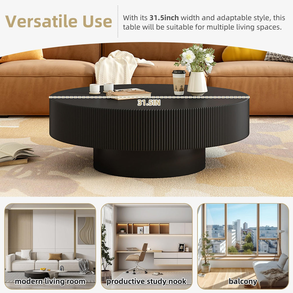 Round Coffee Table, 31.5" Fluted Pedestal Wood Table, Black E978
