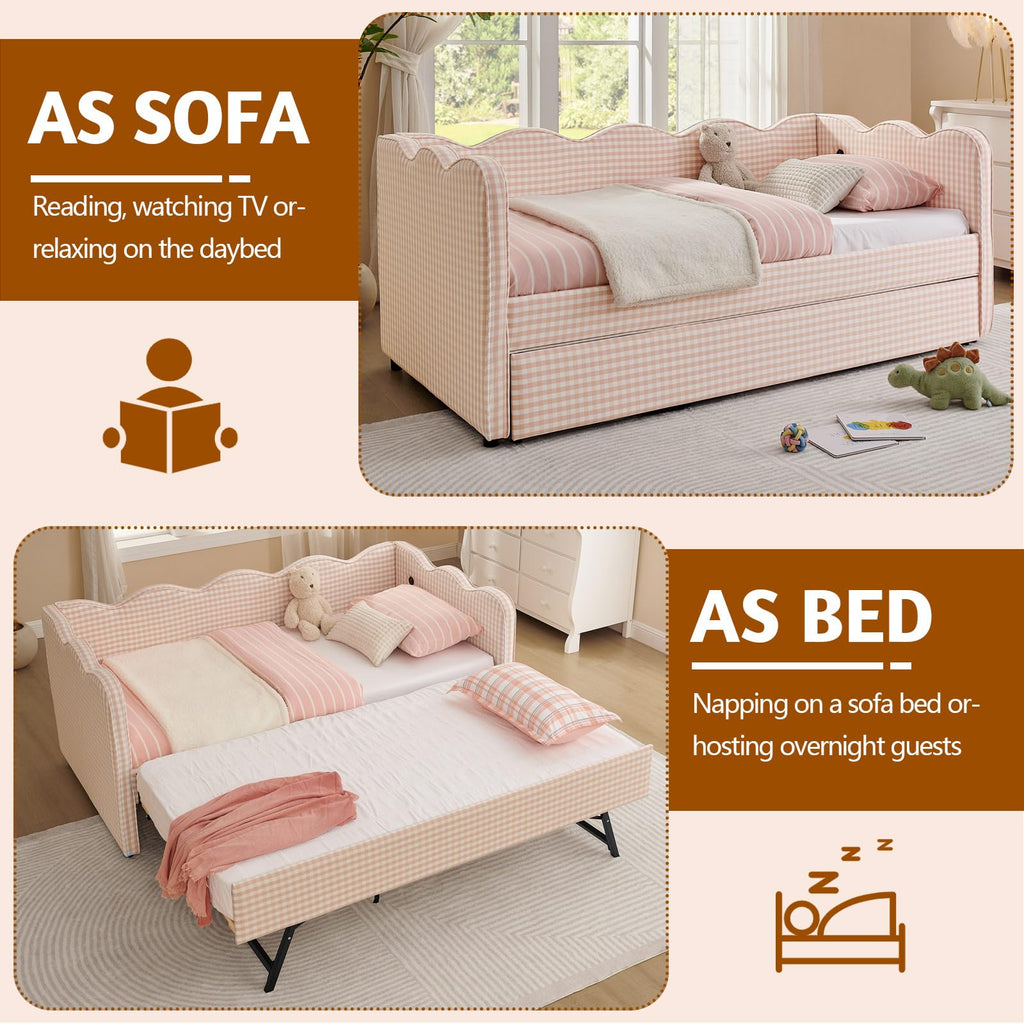 Pink Twin Size Gingham Daybed with Trundle U697490