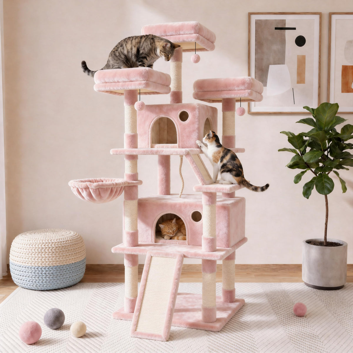 70 Inch Tall Multi-Level Cat Tree Tower with Scratching Posts, Hammock & Perches J3310