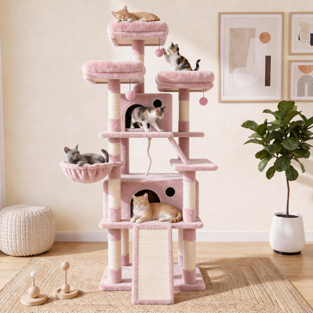 70 Inch Tall Multi-Level Cat Tree Tower with Scratching Posts, Hammock & Perches J3310