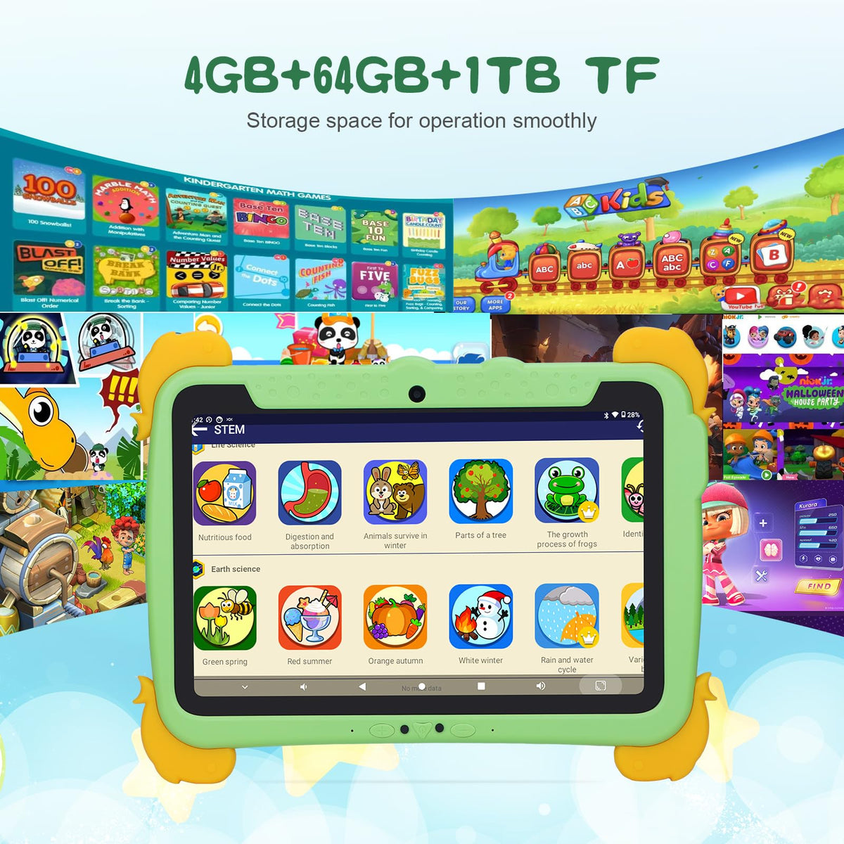 10.1 inch Kids Tablet Android 13 4GB RAM 64GB ROM FHD IPS Screen Green Q281