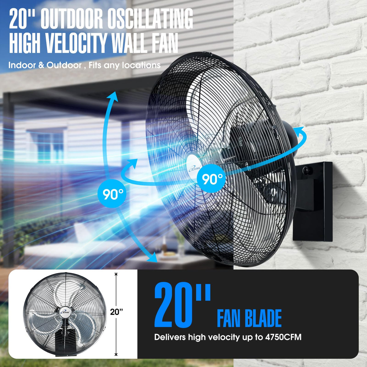 20" Outdoor Oscillating High Velocity Wall Fan, Black H47927