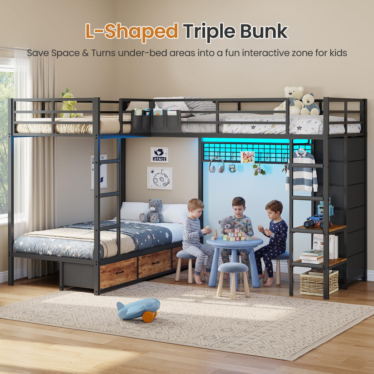 Black Twin Over Twin Triple Bunk Bed with 9 Storage Drawers U285369