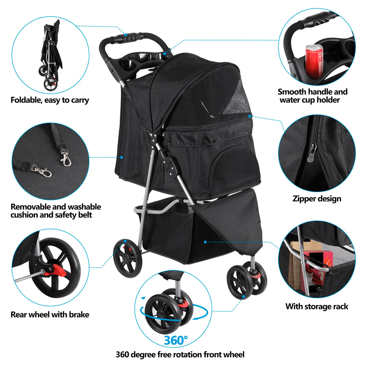 Foldable Pet Stroller with Weather Cover, Storage Basket and Cup Holder X31654