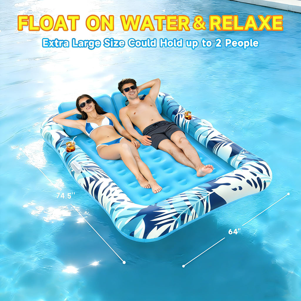 75"x64" XXL Inflatable Tanning Pool Lounger Float with Pillow Blue I847