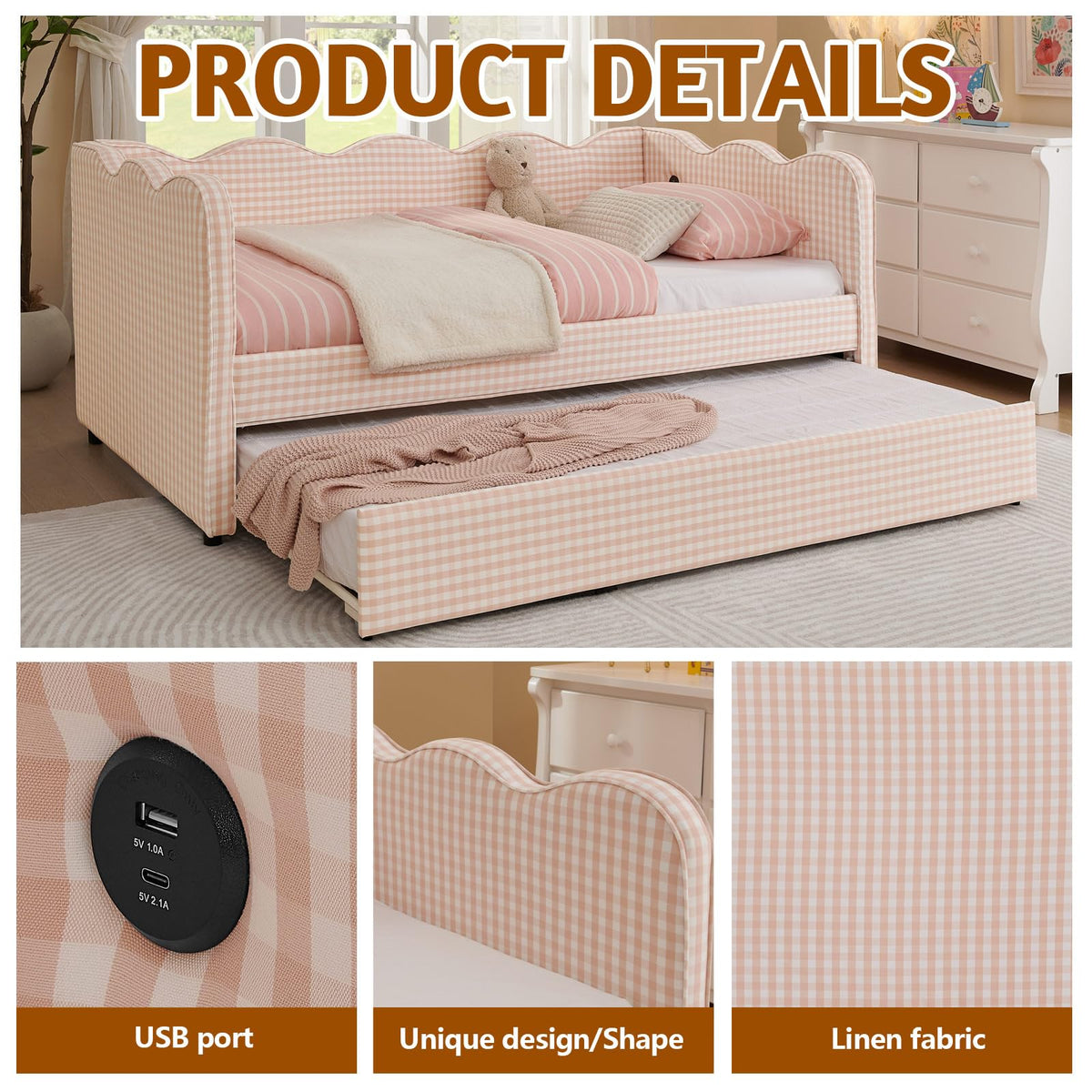 Pink Twin Size Gingham Daybed with Trundle U697490