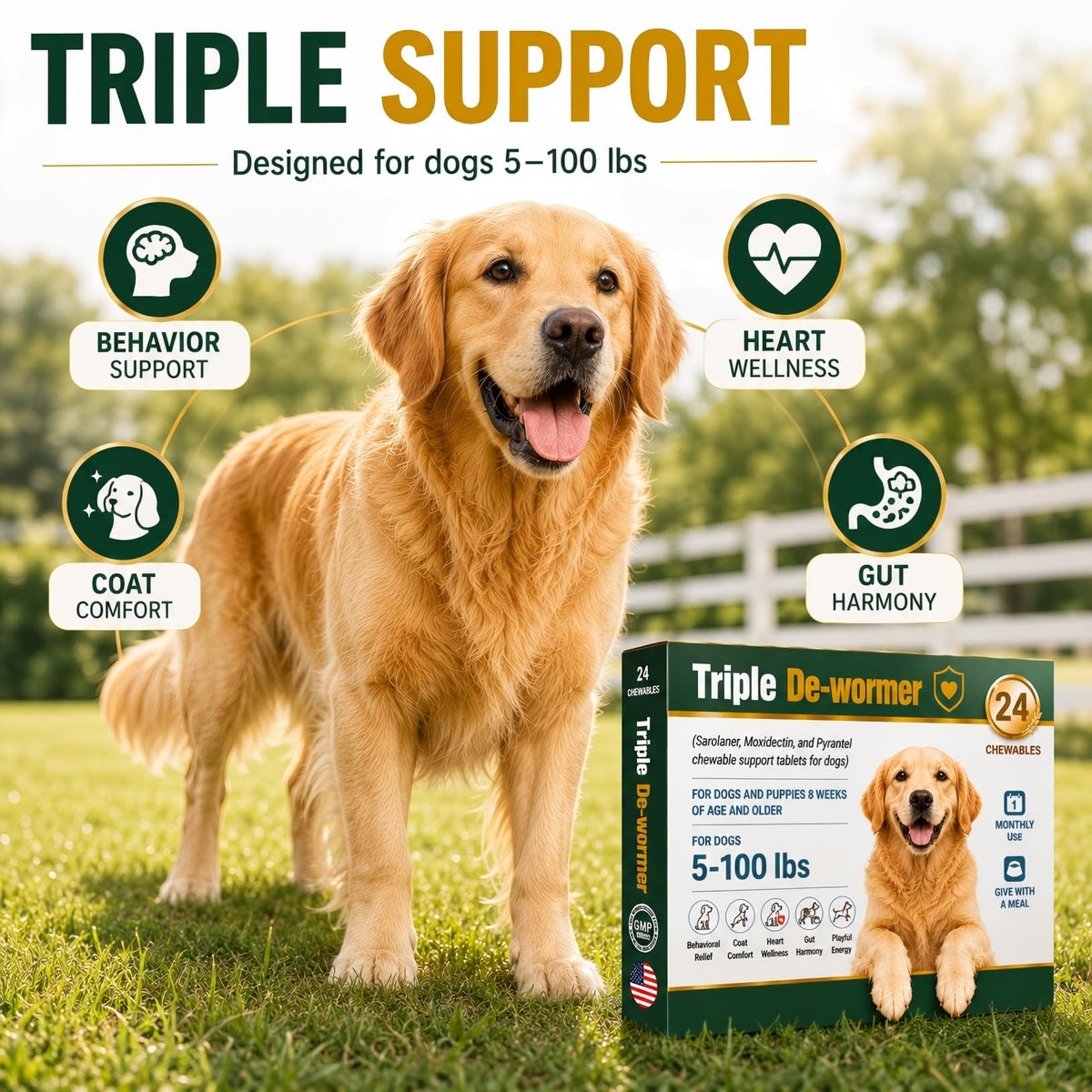 Broad Spectrum Dog Dewormer Tablets with Pyrantel Pamoate, 24 Tablets I169