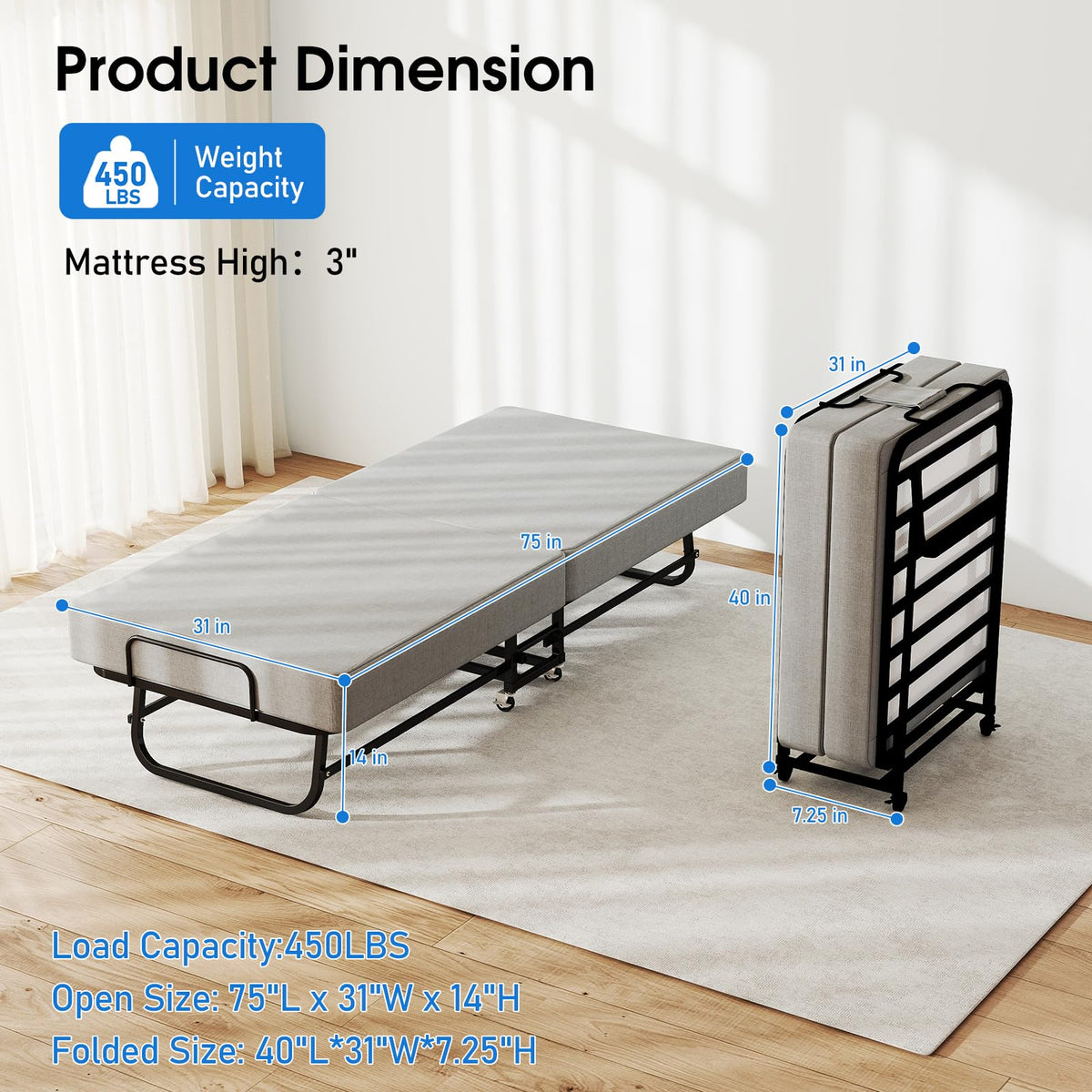 Folding Bed with Mattress, Memory Foam and Metal Frame, 75" x 31" I5046
