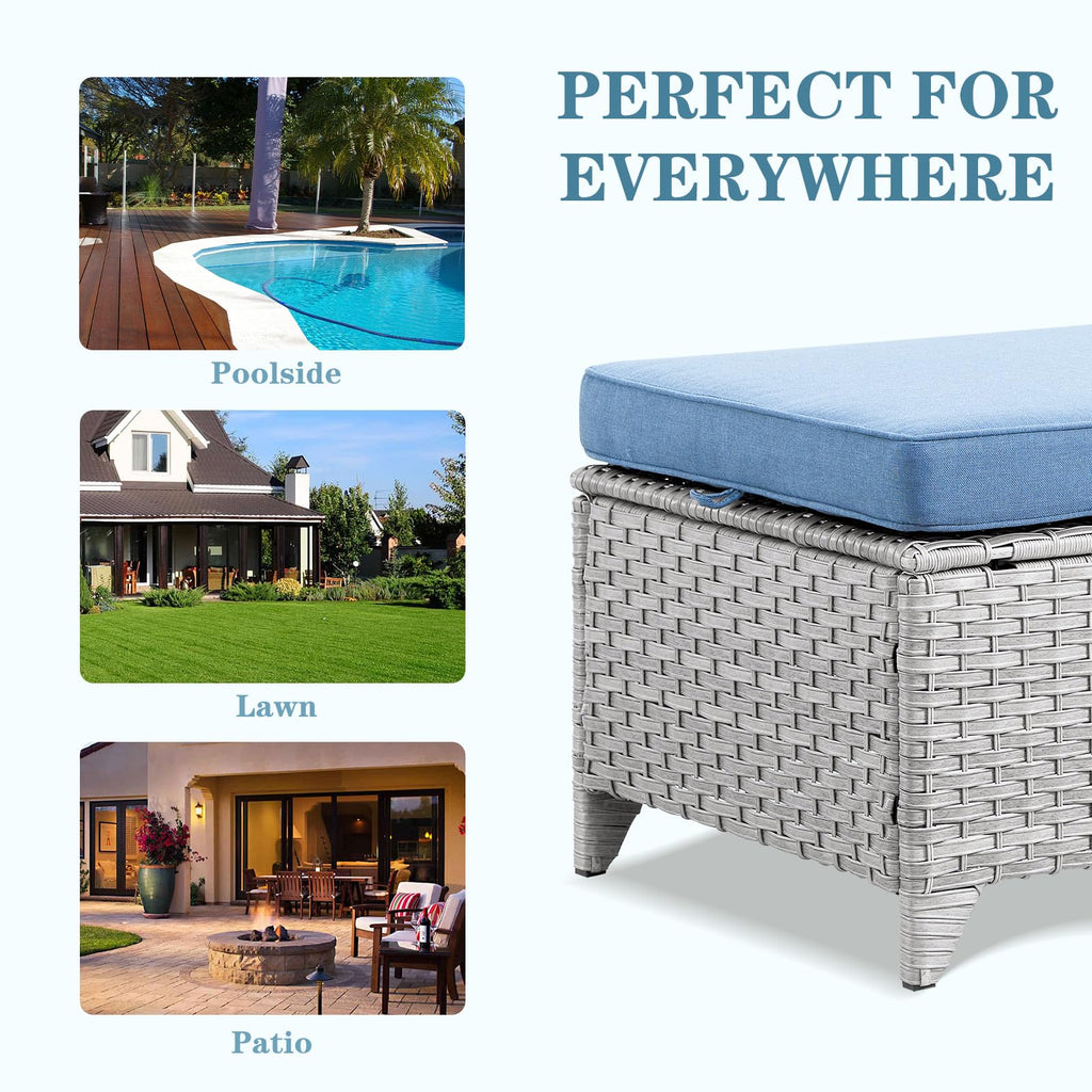Wicker Outdoor Ottomans Set of 2 Handwoven Rattan Footstools with Removable Cushions J861073