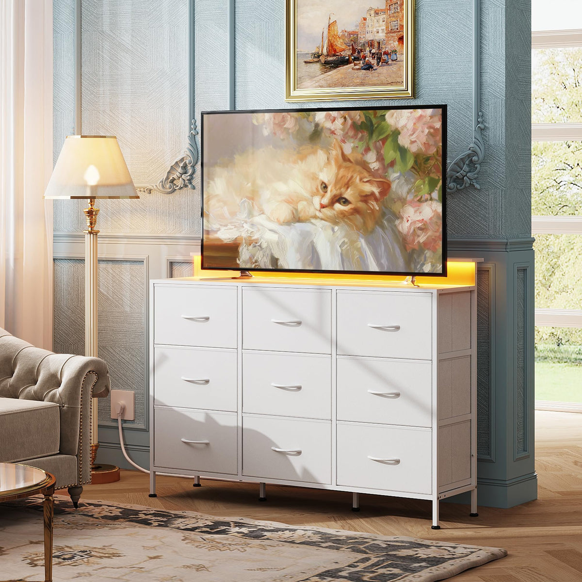 White 2-Piece TV Stand Dresser with 8+9 Fabric Drawers Z7866