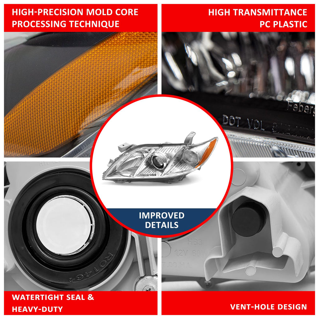 Compatible with 2007-2009 Toyota Camry Headlights Assembly Black Housing Amber Reflectors Left and Right Pairs D932