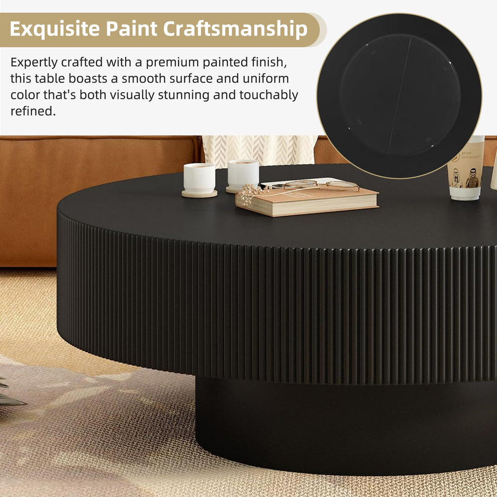 Round Coffee Table, 31.5" Fluted Pedestal Wood Table, Black E978