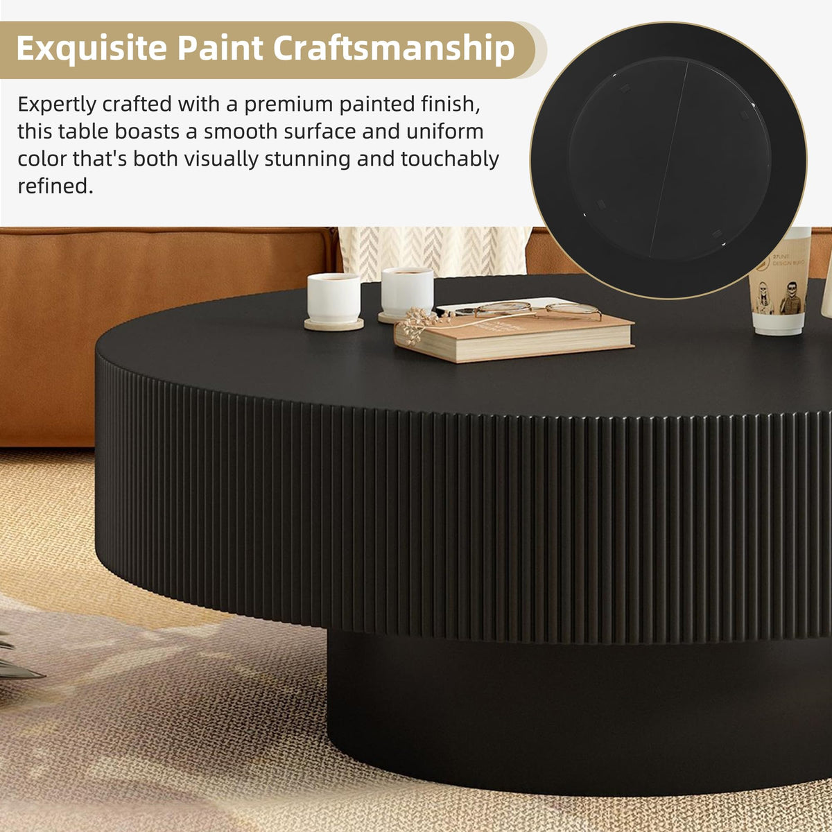 Round Coffee Table, 31.5" Fluted Pedestal Wood Table, Black E978