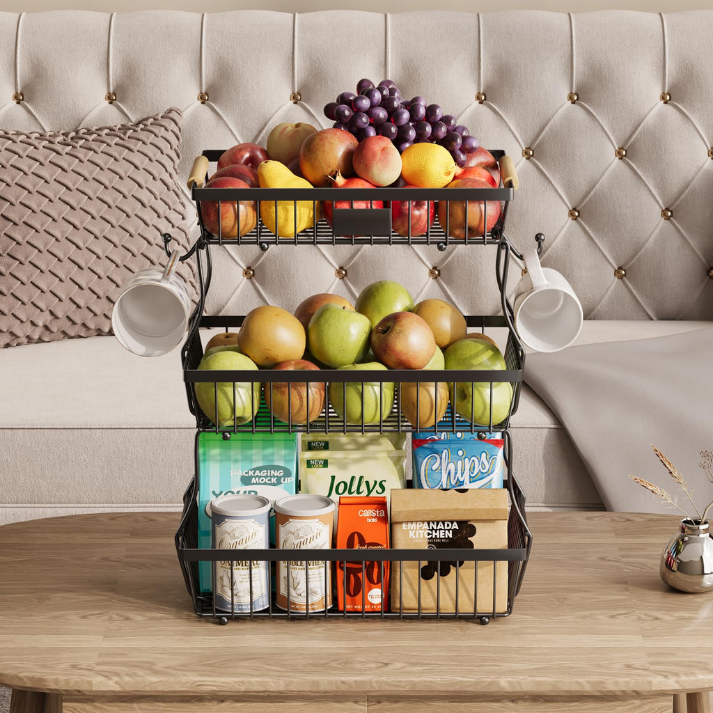 Black 3 Tier Metal Fruit Basket with Wooden Handle U410