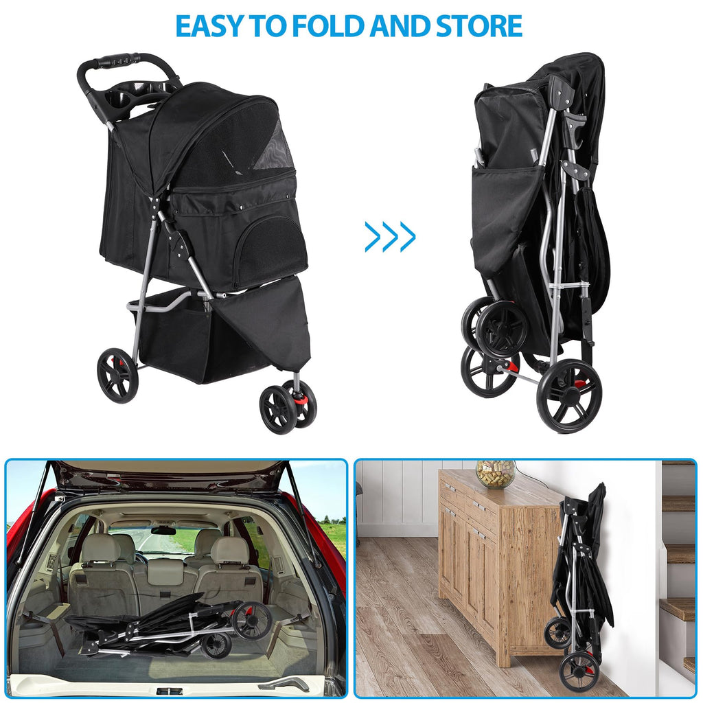 Foldable Pet Stroller with Weather Cover, Storage Basket and Cup Holder X31654